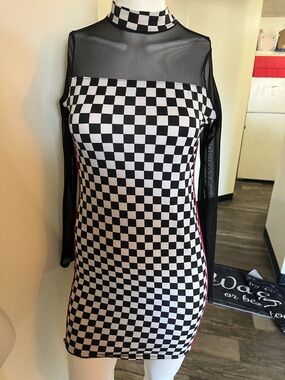 Discovery Checkerboard Mesh-Panel Mini Dress - Black & White with Red Trim